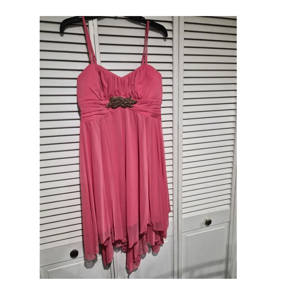 BCX Dress Womens Coral Beaded Butterfly Empire Waist Handkerchief Hem Dress 13